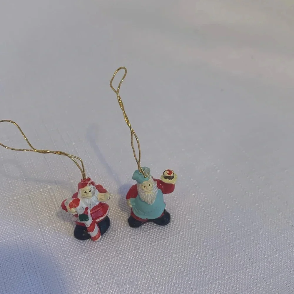 Two Miniature Collectible Resin Santa Clause Christmas Ornaments Holiday Tree